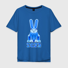 Мужская футболка хлопок Oversize с принтом Геометрический синий кролик 2023 в Новосибирске, 100% хлопок | свободный крой, круглый ворот, “спинка” длиннее передней части | 