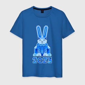Мужская футболка хлопок с принтом Геометрический синий кролик 2023 в Новосибирске, 100% хлопок | прямой крой, круглый вырез горловины, длина до линии бедер, слегка спущенное плечо. | 