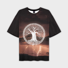 Мужская футболка OVERSIZE 3D с принтом Yggdrasil white rune в Рязани,  |  | 