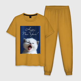 Мужская пижама хлопок с принтом Happy New Year Kitten   cutie в Тюмени, 100% хлопок | брюки и футболка прямого кроя, без карманов, на брюках мягкая резинка на поясе и по низу штанин
 | 