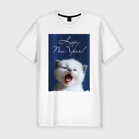 Мужская футболка хлопок Slim с принтом Happy New Year Kitten   cutie в Тюмени, 92% хлопок, 8% лайкра | приталенный силуэт, круглый вырез ворота, длина до линии бедра, короткий рукав | 