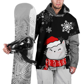 Накидка на куртку 3D с принтом Котик в новогодней шапочке   снежинки в Екатеринбурге, 100% полиэстер |  | Тематика изображения на принте: 