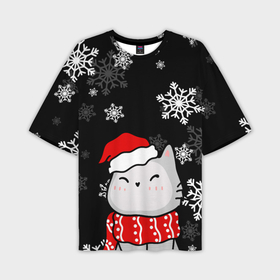 Мужская футболка OVERSIZE 3D с принтом Котик в новогодней шапочке   снежинки в Курске,  |  | 