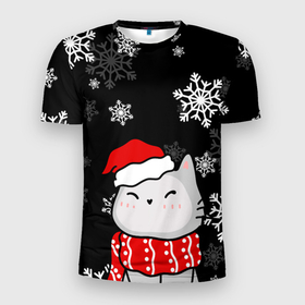 Мужская футболка 3D Slim с принтом Котик в новогодней шапочке   снежинки в Екатеринбурге, 100% полиэстер с улучшенными характеристиками | приталенный силуэт, круглая горловина, широкие плечи, сужается к линии бедра | Тематика изображения на принте: 