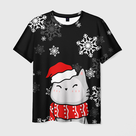 Мужская футболка 3D с принтом Котик в новогодней шапочке   снежинки в Кировске, 100% полиэфир | прямой крой, круглый вырез горловины, длина до линии бедер | 