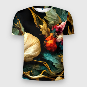 Мужская футболка 3D Slim с принтом Винтажные цветы акварелью в Новосибирске, 100% полиэстер с улучшенными характеристиками | приталенный силуэт, круглая горловина, широкие плечи, сужается к линии бедра | 