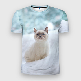 Мужская футболка 3D Slim с принтом Милая кошечка встречает свой Новый Год в Екатеринбурге, 100% полиэстер с улучшенными характеристиками | приталенный силуэт, круглая горловина, широкие плечи, сужается к линии бедра | 