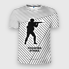 Мужская футболка 3D Slim с принтом Символ Counter Strike на светлом фоне с полосами в Тюмени, 100% полиэстер с улучшенными характеристиками | приталенный силуэт, круглая горловина, широкие плечи, сужается к линии бедра | 