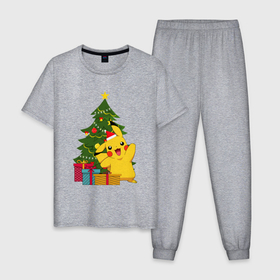 Мужская пижама хлопок с принтом Новогодний Пикачу и елка , 100% хлопок | брюки и футболка прямого кроя, без карманов, на брюках мягкая резинка на поясе и по низу штанин
 | 