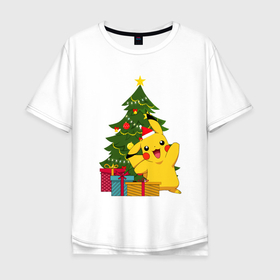 Мужская футболка хлопок Oversize с принтом Новогодний Пикачу и елка в Петрозаводске, 100% хлопок | свободный крой, круглый ворот, “спинка” длиннее передней части | 