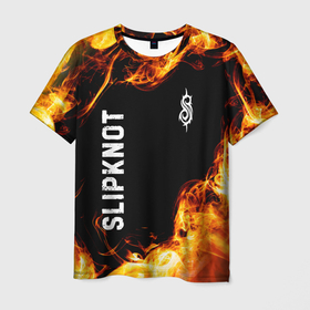 Мужская футболка 3D с принтом Slipknot и пылающий огонь в Рязани, 100% полиэфир | прямой крой, круглый вырез горловины, длина до линии бедер | 