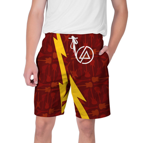 Мужские шорты 3D с принтом Linkin Park гитары и молния в Екатеринбурге,  полиэстер 100% | прямой крой, два кармана без застежек по бокам. Мягкая трикотажная резинка на поясе, внутри которой широкие завязки. Длина чуть выше колен | 