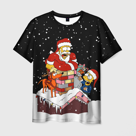 Мужская футболка 3D с принтом Симпсоны новогодний в Кировске, 100% полиэфир | прямой крой, круглый вырез горловины, длина до линии бедер | Тематика изображения на принте: 