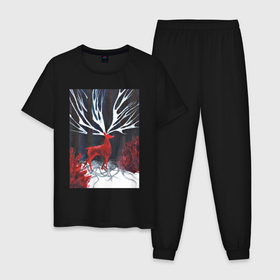 Мужская пижама хлопок с принтом Красный олень с гиганскими рогами в Кировске, 100% хлопок | брюки и футболка прямого кроя, без карманов, на брюках мягкая резинка на поясе и по низу штанин
 | 