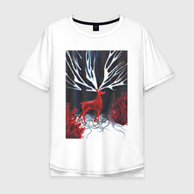 Мужская футболка хлопок Oversize с принтом Красный олень с гиганскими рогами в Кировске, 100% хлопок | свободный крой, круглый ворот, “спинка” длиннее передней части | 