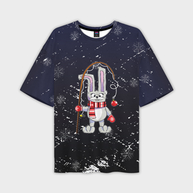 Мужская футболка OVERSIZE 3D с принтом Новогодний заяц с удочкой в Кировске,  |  | 