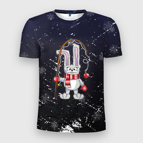 Мужская футболка 3D Slim с принтом Новогодний заяц с удочкой в Новосибирске, 100% полиэстер с улучшенными характеристиками | приталенный силуэт, круглая горловина, широкие плечи, сужается к линии бедра | Тематика изображения на принте: 