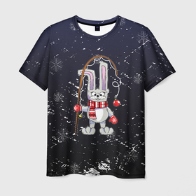 Мужская футболка 3D с принтом Новогодний заяц с удочкой в Кировске, 100% полиэфир | прямой крой, круглый вырез горловины, длина до линии бедер | 