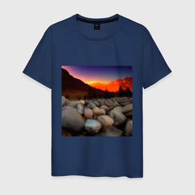 Мужская футболка хлопок с принтом Горный пейзаж в закате солнца, каменная река в Кировске, 100% хлопок | прямой крой, круглый вырез горловины, длина до линии бедер, слегка спущенное плечо. | Тематика изображения на принте: 