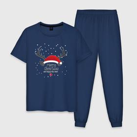 Мужская пижама хлопок с принтом Merry Christmas and Happy New Year 2023 , 100% хлопок | брюки и футболка прямого кроя, без карманов, на брюках мягкая резинка на поясе и по низу штанин
 | Тематика изображения на принте: 