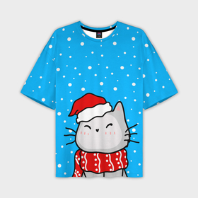 Мужская футболка OVERSIZE 3D с принтом Снегопад   котик в шапочке в Тюмени,  |  | 