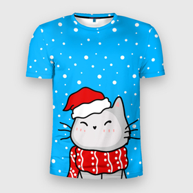 Мужская футболка 3D Slim с принтом Снегопад   котик в шапочке в Тюмени, 100% полиэстер с улучшенными характеристиками | приталенный силуэт, круглая горловина, широкие плечи, сужается к линии бедра | 