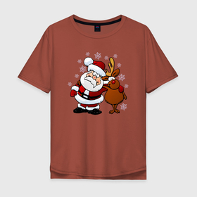 Мужская футболка хлопок Oversize с принтом Санта и олень в Новосибирске, 100% хлопок | свободный крой, круглый ворот, “спинка” длиннее передней части | Тематика изображения на принте: 
