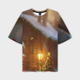 Мужская футболка OVERSIZE 3D с принтом Cельский коттедж, засыпанный снегом ,  |  | Тематика изображения на принте: 