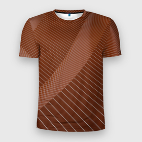 Мужская футболка 3D Slim с принтом Абстрактные белые линии на коричневом паттерне в Санкт-Петербурге, 100% полиэстер с улучшенными характеристиками | приталенный силуэт, круглая горловина, широкие плечи, сужается к линии бедра | 
