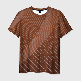 Мужская футболка 3D с принтом Абстрактные белые линии на коричневом паттерне в Кировске, 100% полиэфир | прямой крой, круглый вырез горловины, длина до линии бедер | 