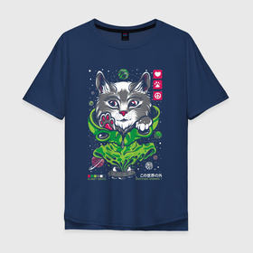 Мужская футболка хлопок Oversize с принтом кот в тарелке в Курске, 100% хлопок | свободный крой, круглый ворот, “спинка” длиннее передней части | 