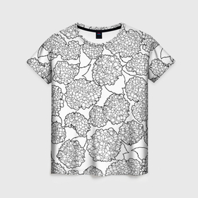 Женская футболка 3D с принтом Гортензии в Белгороде, 100% полиэфир ( синтетическое хлопкоподобное полотно) | прямой крой, круглый вырез горловины, длина до линии бедер | 