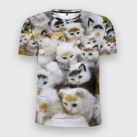Мужская футболка 3D Slim с принтом Прикольные новогодние котята в Екатеринбурге, 100% полиэстер с улучшенными характеристиками | приталенный силуэт, круглая горловина, широкие плечи, сужается к линии бедра | Тематика изображения на принте: 