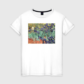 Женская футболка хлопок с принтом Ирисы Ван Гог в Белгороде, 100% хлопок | прямой крой, круглый вырез горловины, длина до линии бедер, слегка спущенное плечо | Тематика изображения на принте: 
