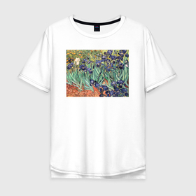 Мужская футболка хлопок Oversize с принтом Ирисы Ван Гог в Петрозаводске, 100% хлопок | свободный крой, круглый ворот, “спинка” длиннее передней части | Тематика изображения на принте: 