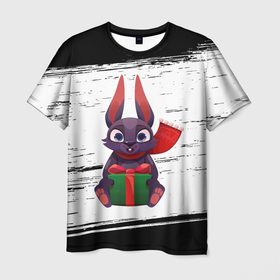 Мужская футболка 3D с принтом Кролик и подарок , 100% полиэфир | прямой крой, круглый вырез горловины, длина до линии бедер | 