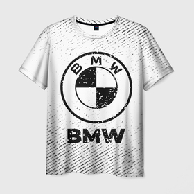 Мужская футболка 3D с принтом BMW с потертостями на светлом фоне в Курске, 100% полиэфир | прямой крой, круглый вырез горловины, длина до линии бедер | 