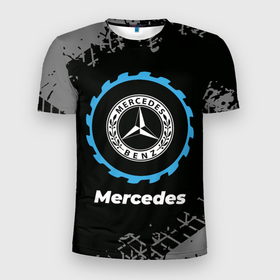Мужская футболка 3D Slim с принтом Mercedes в стиле Top Gear со следами шин на фоне в городе Новоалтайск, 100% полиэстер с улучшенными характеристиками | приталенный силуэт, круглая горловина, широкие плечи, сужается к линии бедра | 