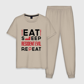 Мужская пижама хлопок с принтом Надпись: eat sleep Resident Evil repeat в Белгороде, 100% хлопок | брюки и футболка прямого кроя, без карманов, на брюках мягкая резинка на поясе и по низу штанин
 | Тематика изображения на принте: 