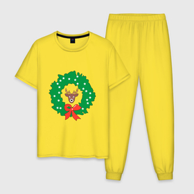 Мужская пижама хлопок с принтом Рождественский венок с оленем в Тюмени, 100% хлопок | брюки и футболка прямого кроя, без карманов, на брюках мягкая резинка на поясе и по низу штанин
 | 