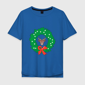 Мужская футболка хлопок Oversize с принтом Рождественский венок с оленем , 100% хлопок | свободный крой, круглый ворот, “спинка” длиннее передней части | 