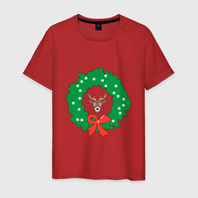 Мужская футболка хлопок с принтом Рождественский венок с оленем в Тюмени, 100% хлопок | прямой крой, круглый вырез горловины, длина до линии бедер, слегка спущенное плечо. | Тематика изображения на принте: 