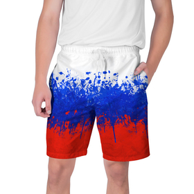 Мужские шорты 3D с принтом Флаг России с горизонтальными подтёками в Кировске,  полиэстер 100% | прямой крой, два кармана без застежек по бокам. Мягкая трикотажная резинка на поясе, внутри которой широкие завязки. Длина чуть выше колен | 