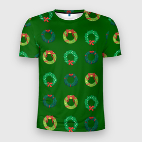 Мужская футболка 3D Slim с принтом Зеленые рождественские венки омелы в Курске, 100% полиэстер с улучшенными характеристиками | приталенный силуэт, круглая горловина, широкие плечи, сужается к линии бедра | Тематика изображения на принте: 