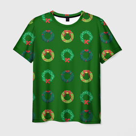 Мужская футболка 3D с принтом Зеленые рождественские венки омелы в Курске, 100% полиэфир | прямой крой, круглый вырез горловины, длина до линии бедер | Тематика изображения на принте: 