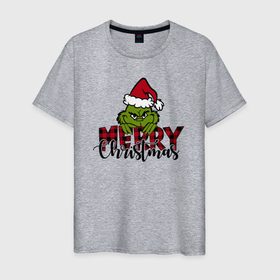 Мужская футболка хлопок с принтом Гринч Merry Christmas в Тюмени, 100% хлопок | прямой крой, круглый вырез горловины, длина до линии бедер, слегка спущенное плечо. | 