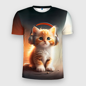 Мужская футболка 3D Slim с принтом Милый рыжий котёнок в наушниках , 100% полиэстер с улучшенными характеристиками | приталенный силуэт, круглая горловина, широкие плечи, сужается к линии бедра | Тематика изображения на принте: 