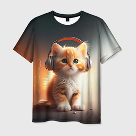 Мужская футболка 3D с принтом Милый рыжий котёнок в наушниках в Тюмени, 100% полиэфир | прямой крой, круглый вырез горловины, длина до линии бедер | 
