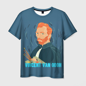 Мужская футболка 3D с принтом Винсент Ван Гог с палитрой в Екатеринбурге, 100% полиэфир | прямой крой, круглый вырез горловины, длина до линии бедер | 