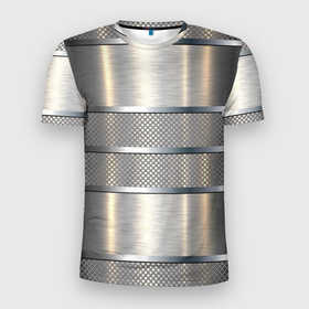 Мужская футболка 3D Slim с принтом металлические полосы   текстура алюминия в Кировске, 100% полиэстер с улучшенными характеристиками | приталенный силуэт, круглая горловина, широкие плечи, сужается к линии бедра | Тематика изображения на принте: 